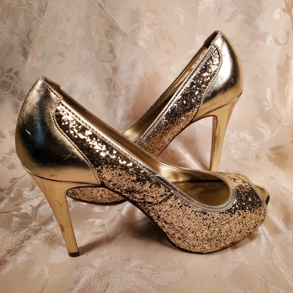 Guess Gold Glitter Peeptoe Pumps